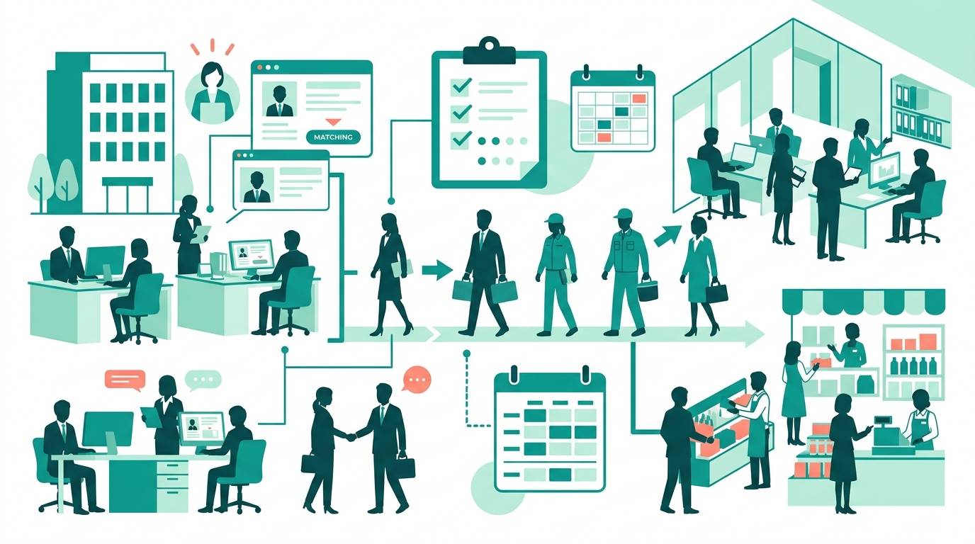 派遣スタッフと企業をつなぐビジネスイラスト